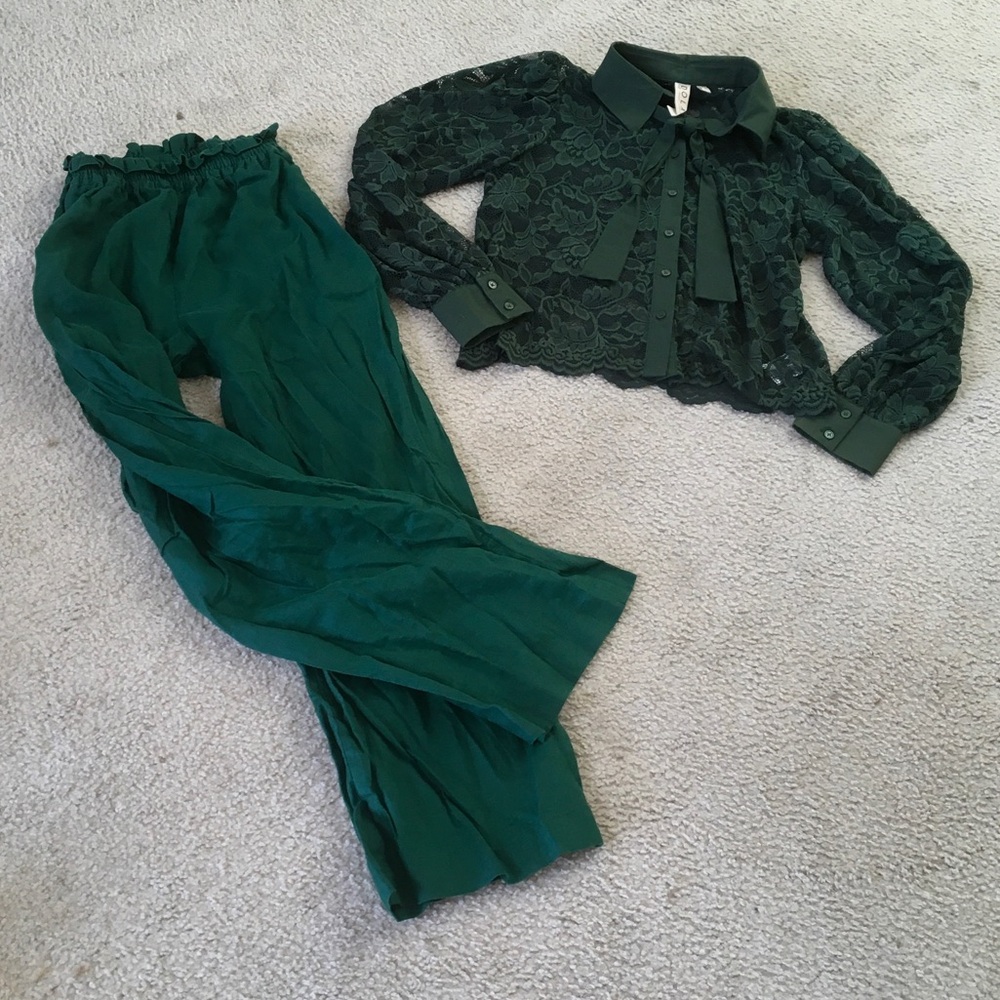 DOLAN & ASMARA/EMERALD-FOREST GREEN LACE TOP & CRINKLE PANTS/ NEW